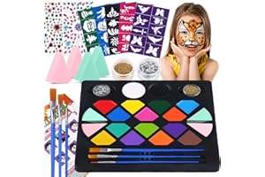BOBISUKA Face Painting Kit for Kids - 16 Colors Water Based Body Face Paint Includes Brushes,Sponges,Glitters,Gem Sheet,Instr