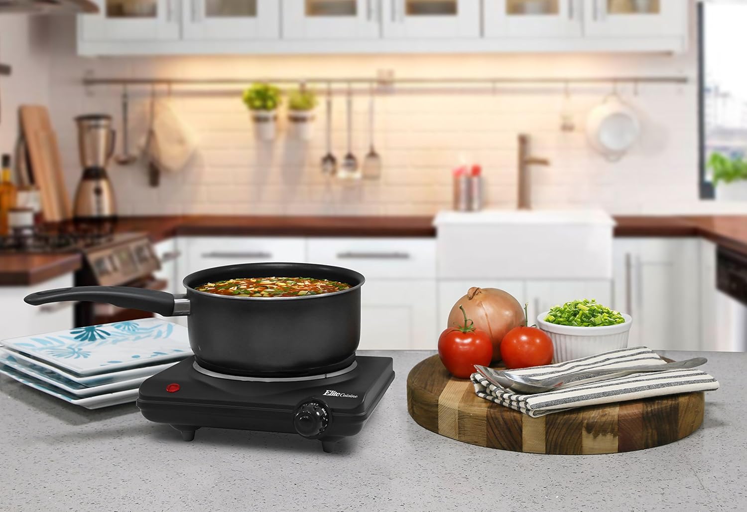 Elite Gourmet Single Electric Flat Cast Iron Heating Plate Burner Power Indicator Light, Non-Skid Feet, Easy To Clean, Black: Electric Countertop Burners: Kitchen & Dining