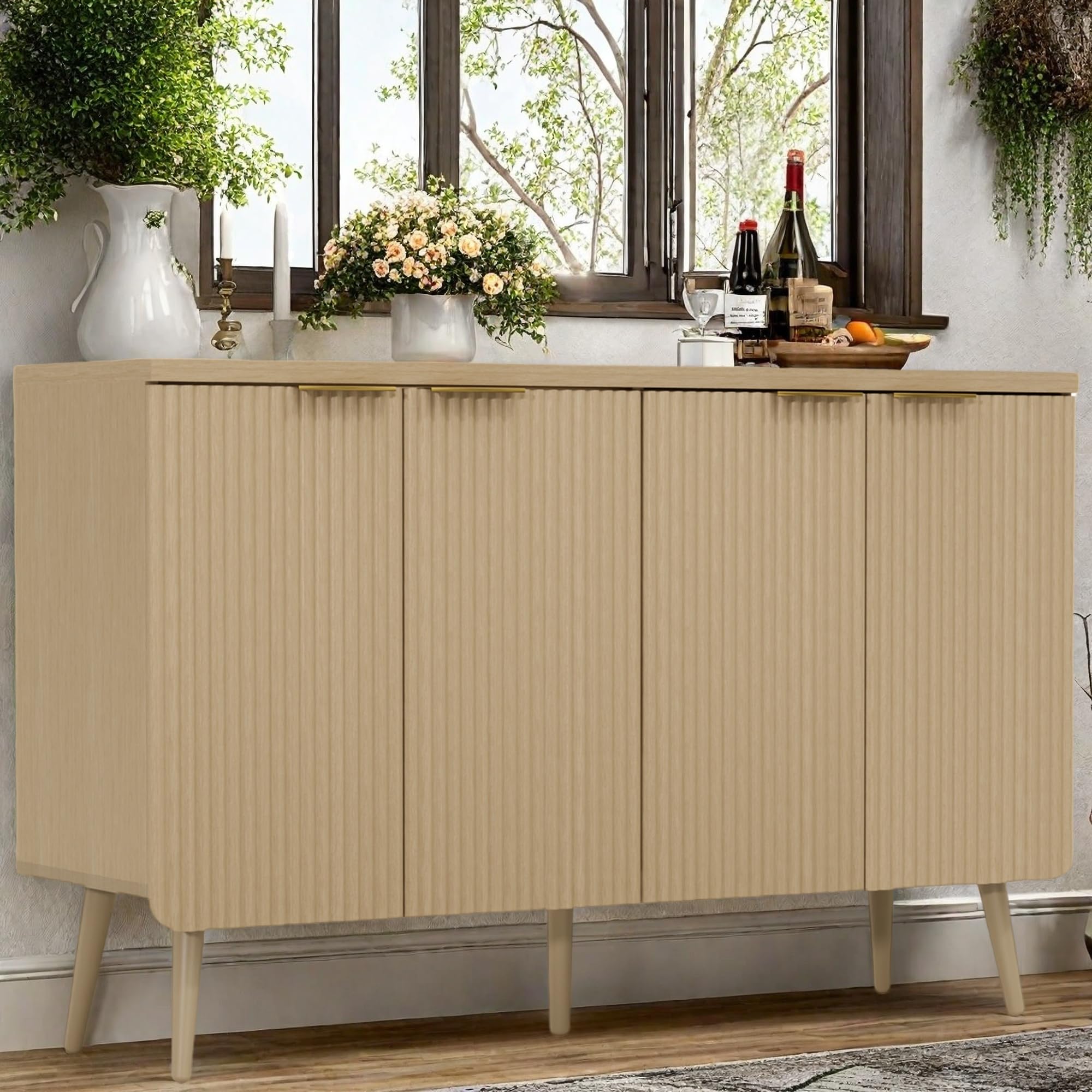 Photo 1 of FONTOI Buffet Cabinet, Sideboard Fluted Cabinet Modern Kitchen Buffet Storage Cabinets with Doors and Shelves, Wood Farmhouse Coffee Bar Station for Entryway & Dining Room & Living Room, Natual Oak