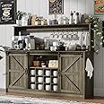 4ever2buy Farmhouse Coffee Bar Cabinet with 8 Hooks, 55” Kitchen Hutch Cabinet with Storage, Gray Coffee Bar with Sliding Barn Doors, Wine Bar Cabinet with 12 Racks for Living Dining Room, Wash Gray