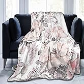 Pink Flower Grey Leaves Blanket Soft Lightweight Throw Blankets Cozy Flannel Bed Throws for Sofa Couch Travel Home Room Bedroom Decor Gifts for Girls Women Adults 50"x40"
