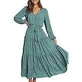 PRETTYGARDEN Womens Spring Long Sleeve Wrap V Neck Ruffle Floral Maxi Dress Casual Tie Waist Boho Chiffon Flowy Long Dresses