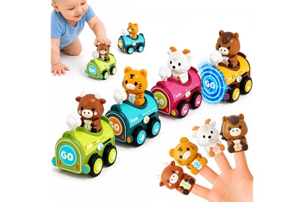 iPlay, iLearn Press to Go Car Toys for Toddler 1-3, Baby Magnetic Train Toy | Infant Push Go Friction Vehicle Set W/ Animal F