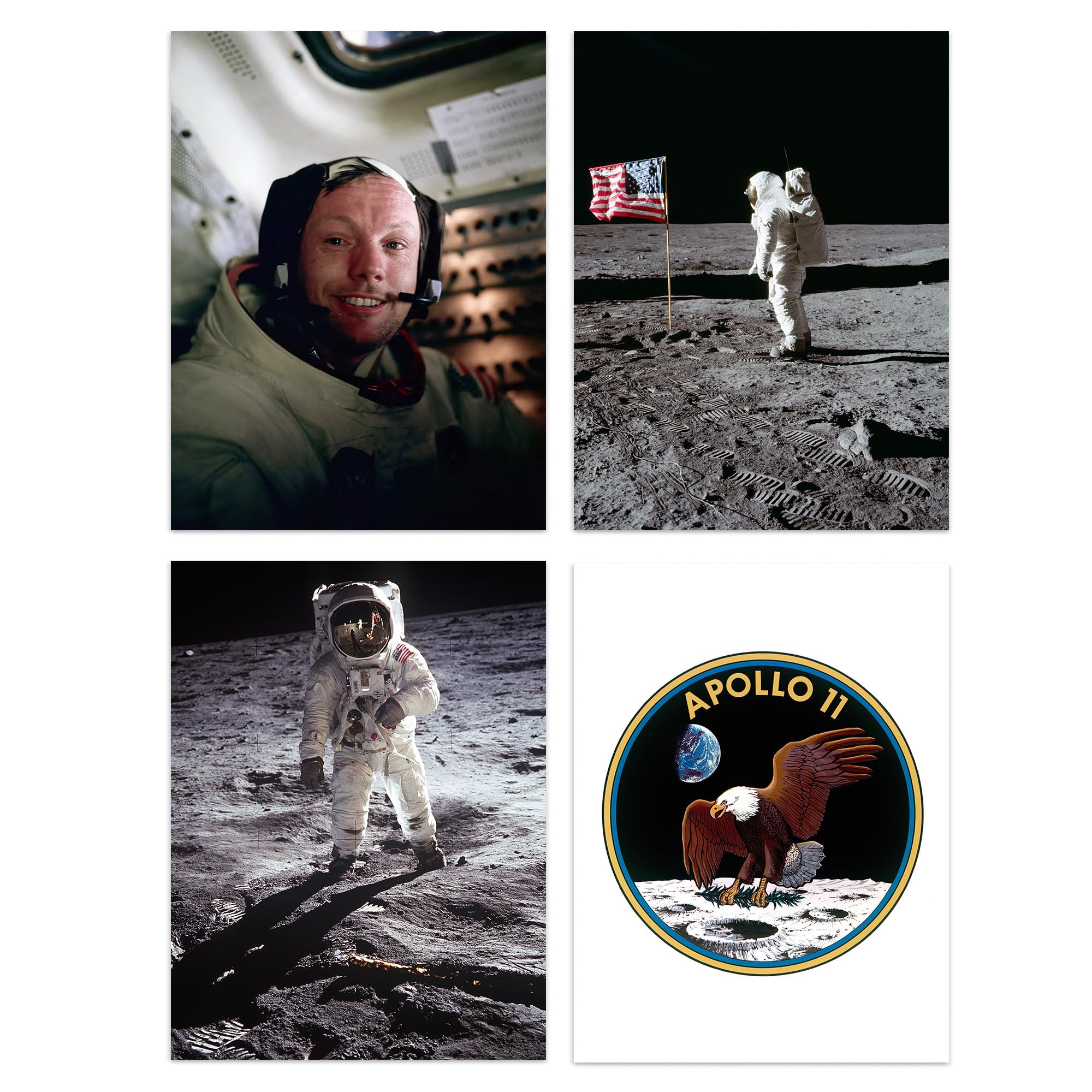 Artery8 Pack of 4 NASA Space Apollo 11 Mission Emblem Moon Landing 50th Anniversary Astronaut Neil Armstrong Buzz Aldrin Unframed A4 Wall Art Living Room Prints Set