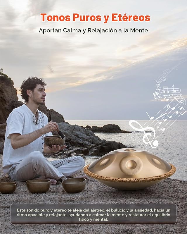 Tambor de Mano 55 cm 9 Notas 432 Hz, Tambor Handpan en D Menor con Mazos, Instrumento de Percusión con Bolsa de Transporte para Yoga, Meditación, Educación Musical de Principiantes, Dorado