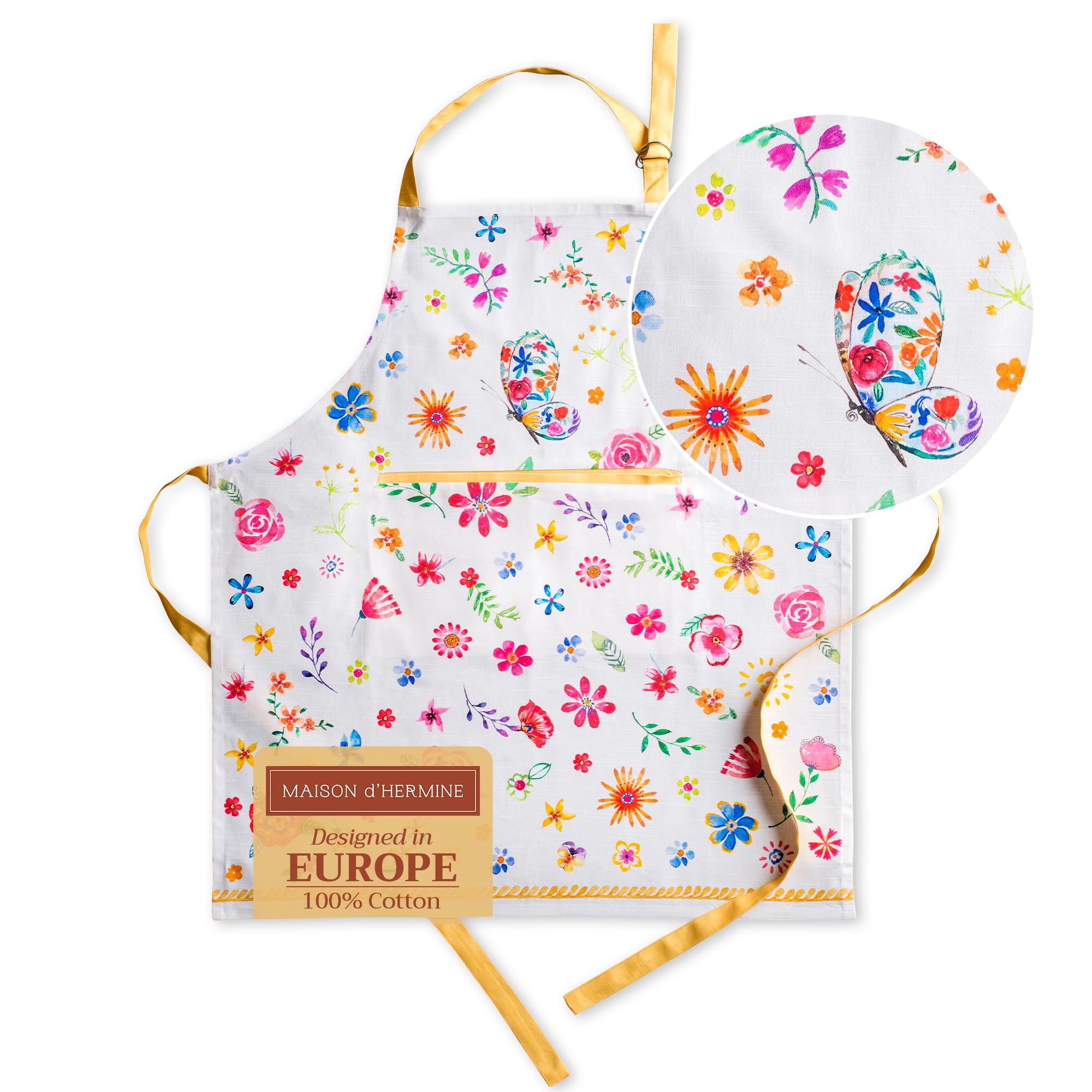 Maison d' Hermine 100% Cotton Apron for women with Pocket Kitchen Chef Spring/Summer Apron for Men Cooking Gardening Server Waitress Maid - (Happy Florals - Sweety, 85 cm x 70 cm)
