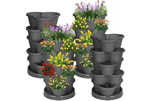 Nuogo 4 Set 5 Tier Vertical Planter Stackable Garden Planter with Bottom Saucer Strawberry Planter Hanging Tower Herbs Pots for Gardening Outdoor Indoor Growing Flower Vegetables Succulents(Gray)