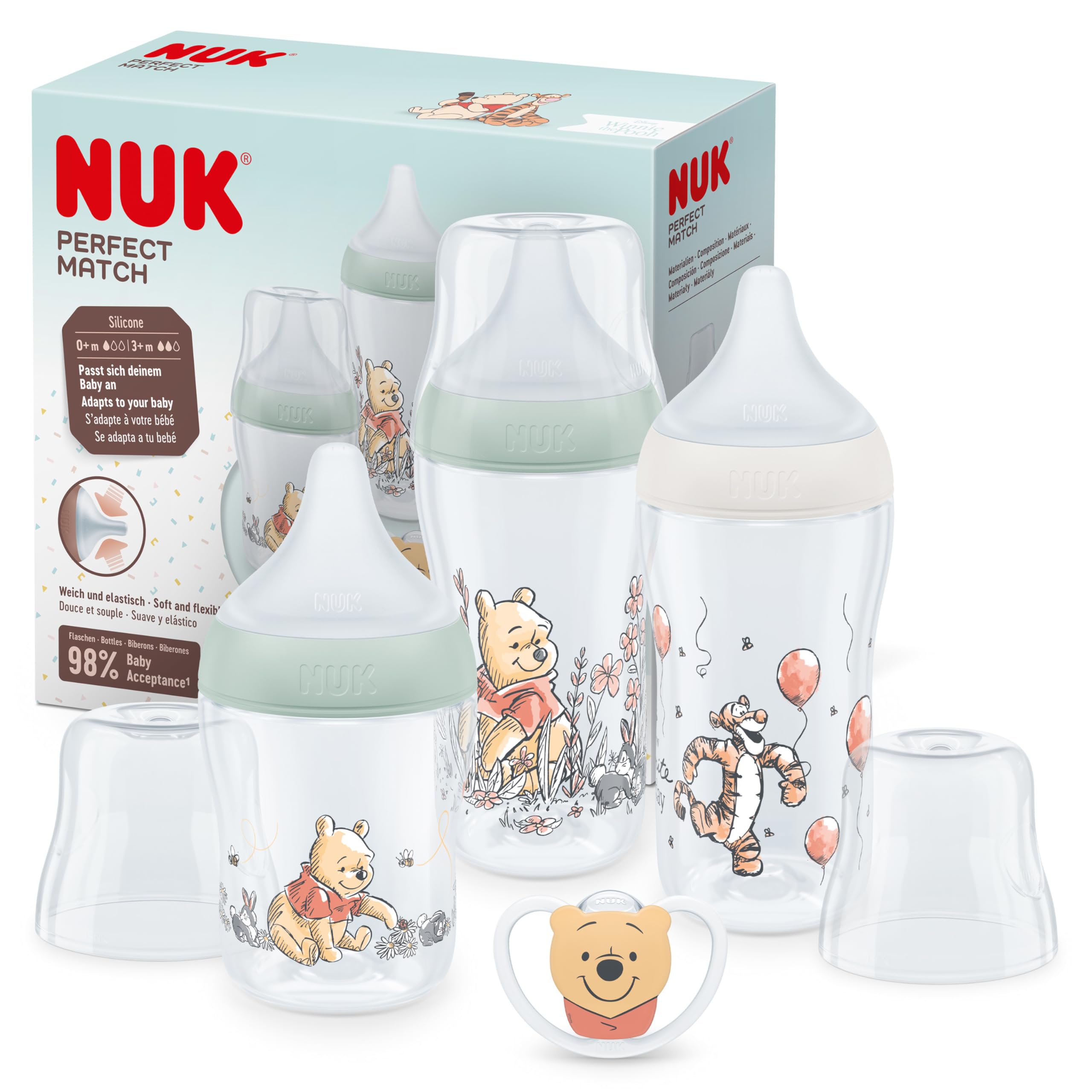 NUK Perfect Match Baby Bottles Set | 0-6+ Months | Adapts to Baby's Palate | 3 x Anti Colic Baby Bottles & Space Soother | BPA-Free | Disney Winnie the Pooh | 4 Count