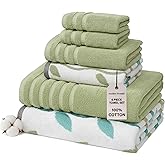 Modern Threads Organic Vines 6-Piece 100% Cotton Towel Set – Yarn Dyed Jacquard & Solid – Includes 2 Bath Towels, 2 Hand Towels, 2 Washcloths – Absorbent, Quick Dry, Soft & Durable – Sage Green