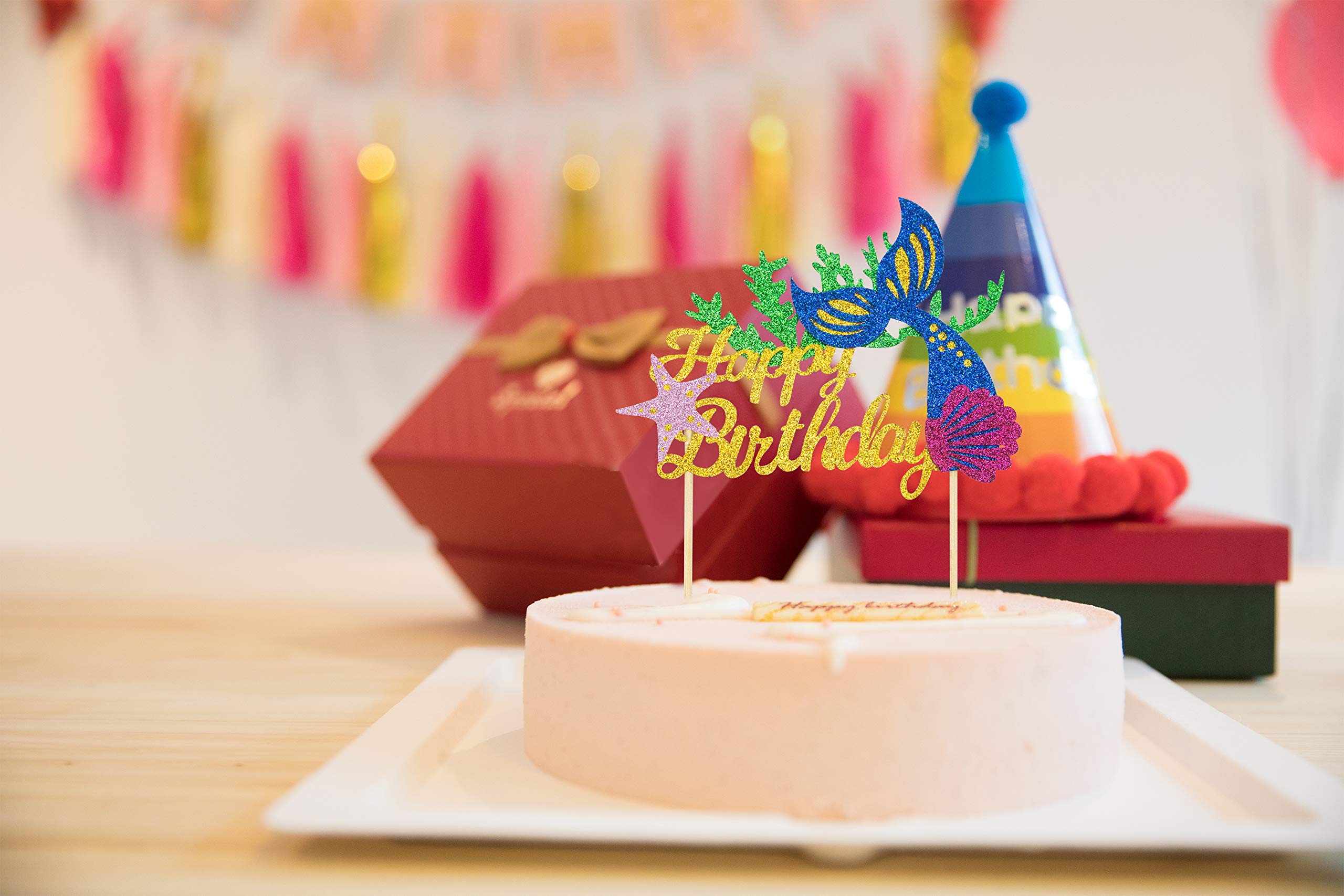KAPOKKU Glitter Mermaid Cake Topper Happy Birthday Cake Picks Mermaid Cake Decoration for Mermaid Baby Shower Birthday Party Supplies (mermaid under the sea cake topper)