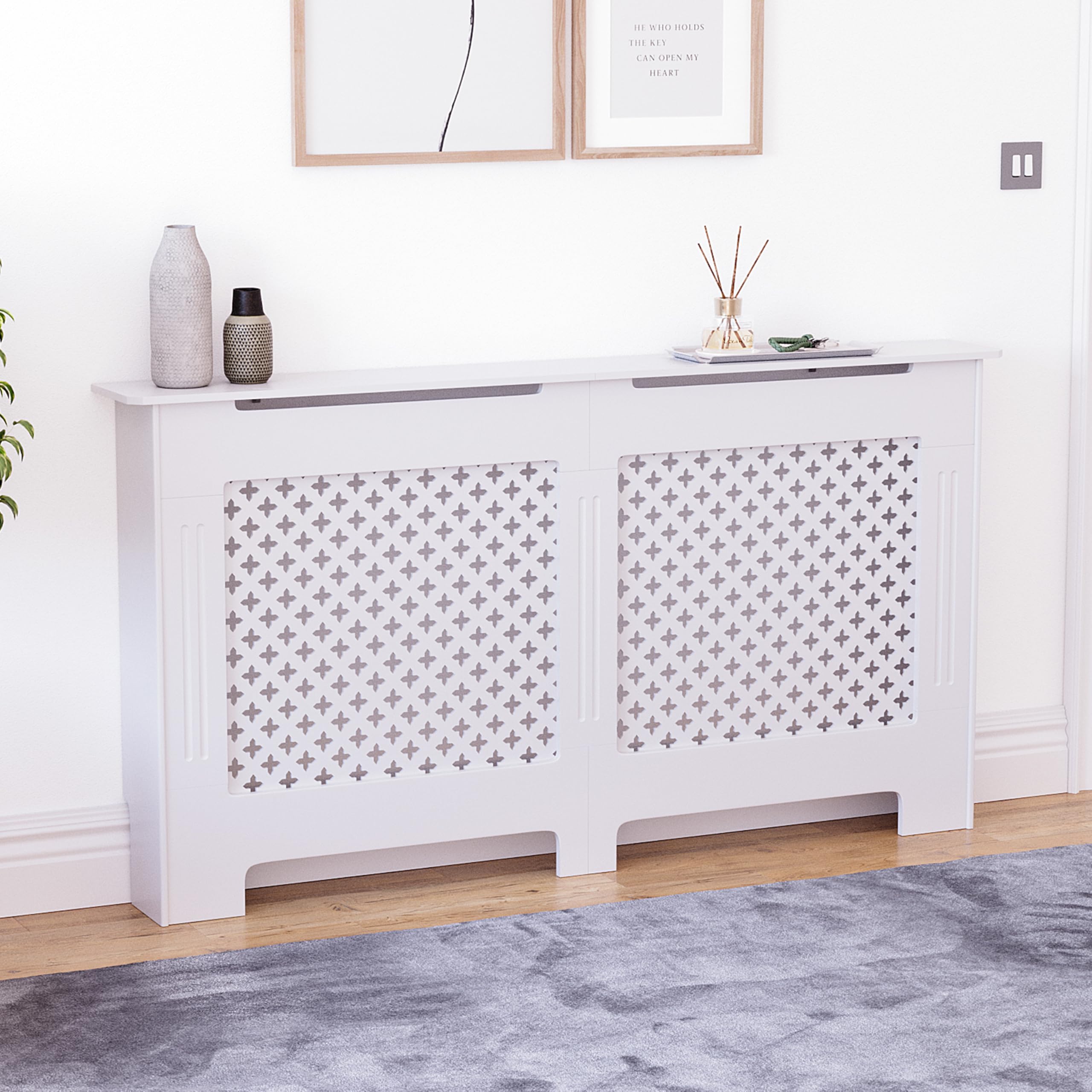 Vida Designs Oxford Radiator Cover White - Large - Traditional Cross Pattern Design For Optimal Heat Circulation - H82xW152xD19cm - Painted MDF Cabinet Ideal For Living Room & Hallway โ image 1