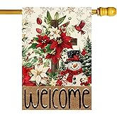 ZAEW Welcome Winter Cross Poinsettias Snowman Pine Trees Christmas House Flag large 28X40 Inch Big Vertical Double Sided Yard Outdoor Outside Holiday Decoration
