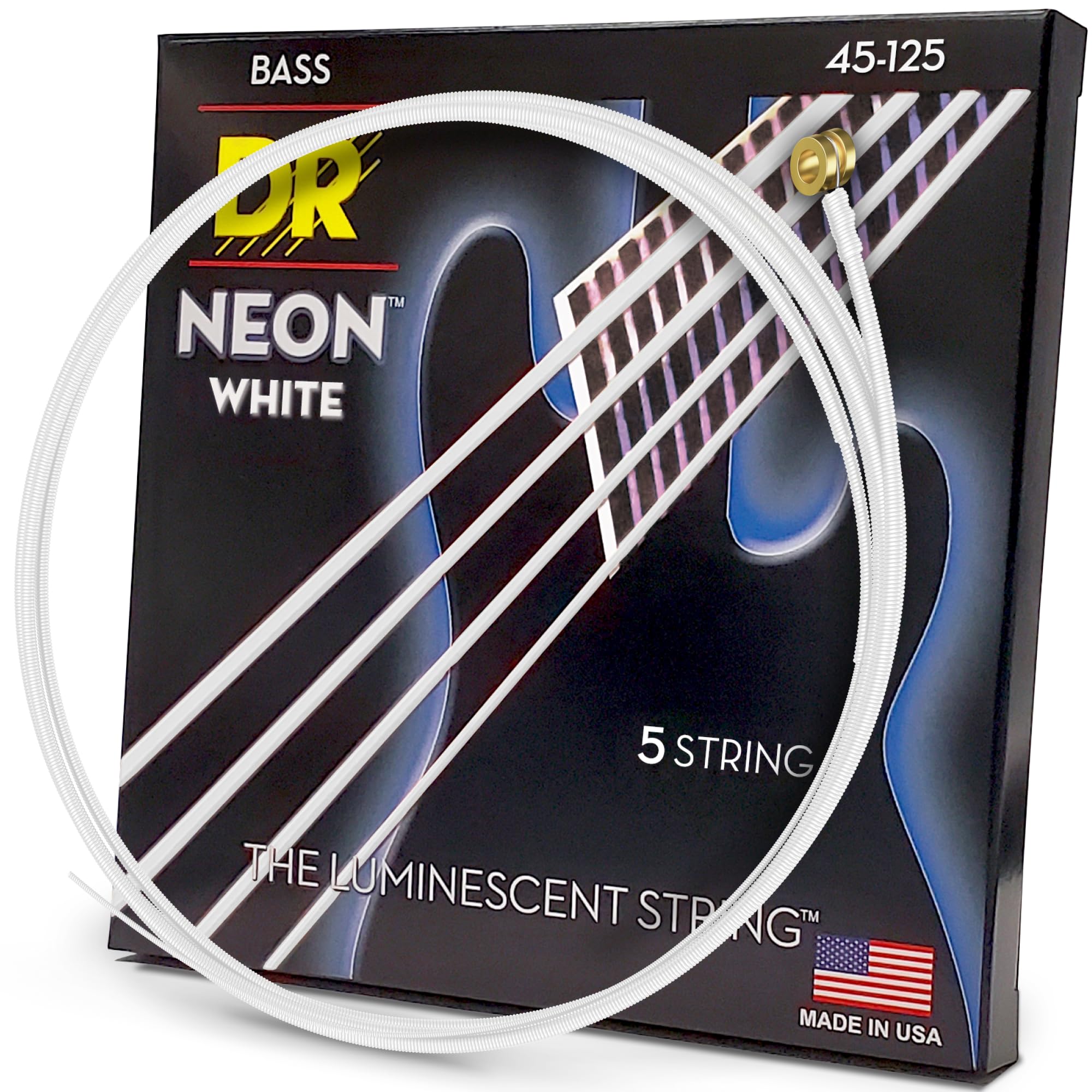 DR Strings HI-DEF NEON™ - WHITE coloured Bass Strings: 5-String Medium 45-125