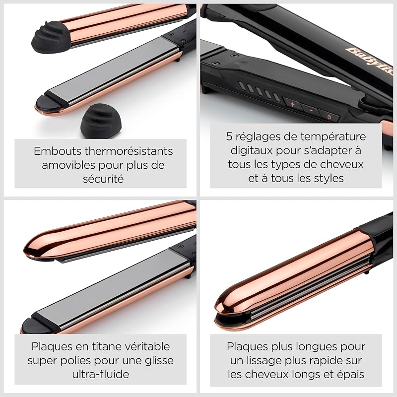 Lisseur Cheveux Straight And Curl Brilliance - Plaques en titane, Ionique Anti-Frisottis, Chauffe rapide en 15 Secondes, Design métallique incurvé, 5 réglages de température, ST482E
