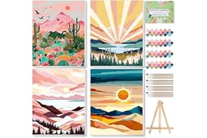 Ninonly 4 Pack Paint by Numbers Kit for Adults Framed Canvas, Sunset Paint by Number Arts for Beginners with Wooden Easel, Brushes, Acrylic Set, 9 * 12 Inch