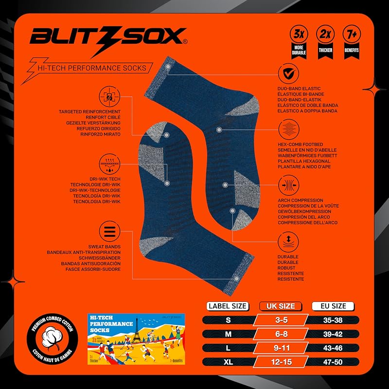 6 Paar Herren Sportsocken aus Baumwolle | Crew Socken | DRI-WIK Feuchtigkeitskontrolle | Gepolstertes Fußbett mit Fußgewölbe-Kompression | Verstärkte Ferse & Spitze (43-46, Denim Blau)