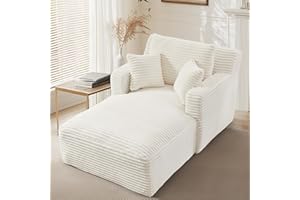 IHDKO Oversized Chaise Lounge Chair Indoor, Modern Corduroy Lounge Couch, Comfy Upholstered Sleeper Sofa with Throw Pillows, Fluffy Reading Chair Bed for Living Room, Beige