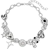 ALFISO Chunky Silver Necklace for Women, Y2K Star Charm Choker Necklace, Silver Charm Necklace with Heart & Star Pendants, Chunky Silver Choker Jewelry for Party Outfits Valentines Day Gifts for Her