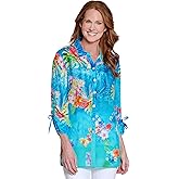 John Mark Womens Printed Button Front Top with Cinch Tie Sleeves