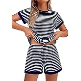 EKOUAER 2 Piece Sets for Women Summer Outfits Cute Stripe Knit T Shirts Shorts Matching Lounge Set