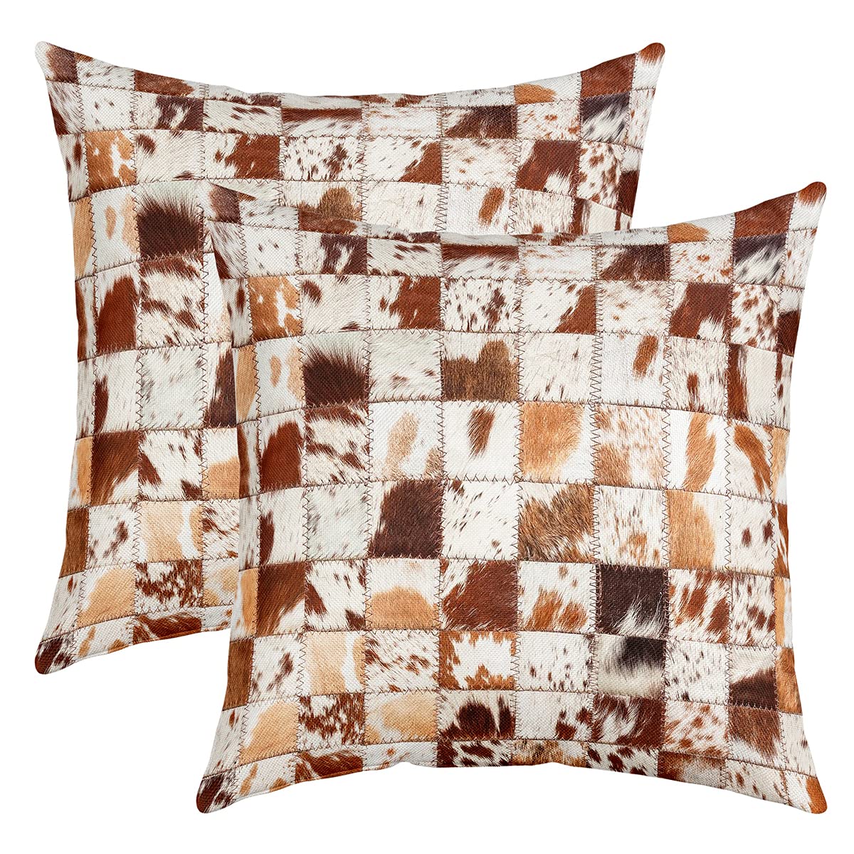 Set of 2 Cowhid Throw Pillow Covers Cow Fur Cushion Case for Home Living Room Decor Reversible Farmhouse Western Farm Animal Skin Grid Plaid Brown White Decorative Throw Cushion Case 20x20 Inch