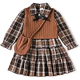 sweetabby Toddler Little Girls Dress Fall Winter Clothes Long Sleeve Shirt Dresses and Knit Vest Set Kids Girls Outfits