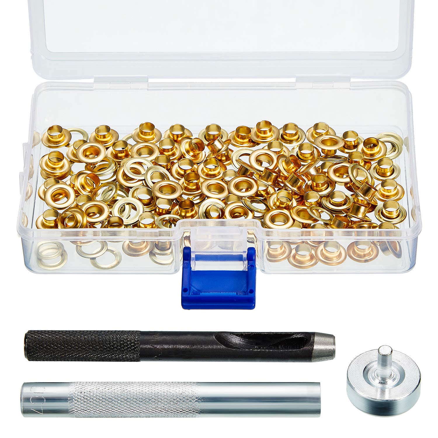 Pangda Grommet Tool Kit, Grommet Setting Tool and 100 Sets Grommets Eyelets with Storage Box (Gold, 1/2 Inch Inside Diameter)