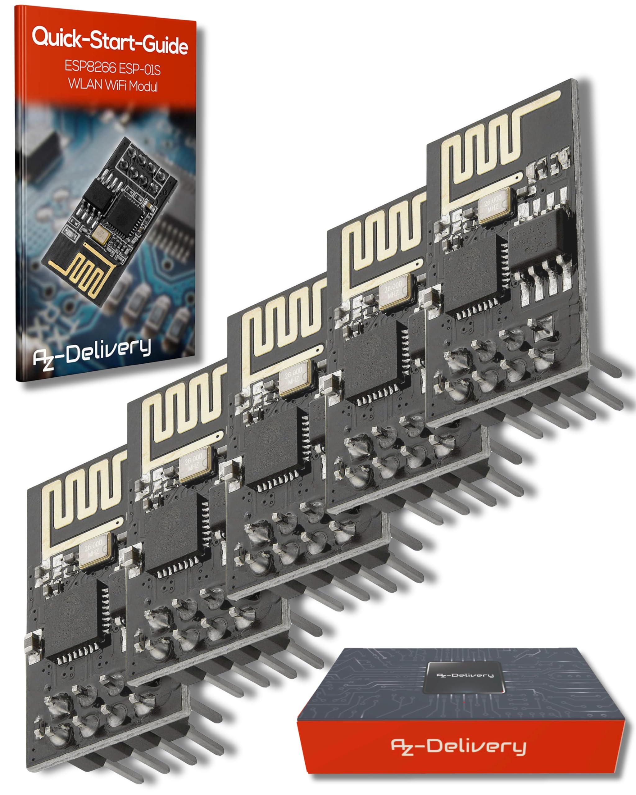 AZDelivery ESP8266 ESP-01S Serial Wireless WLAN WiFi Transceiver Module 1MB Flash 80MHz Compatible with Arduino and Raspberry Pi including E-Book! (Pack of 5)