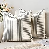 MIULEE Grey and Beige Patchwork Farmhouse Pillow Covers 18x18 Inch, Pack of 2 Striped Linen Decorative Modern Accent Pillow Cases for Sofa Couch Bedroom