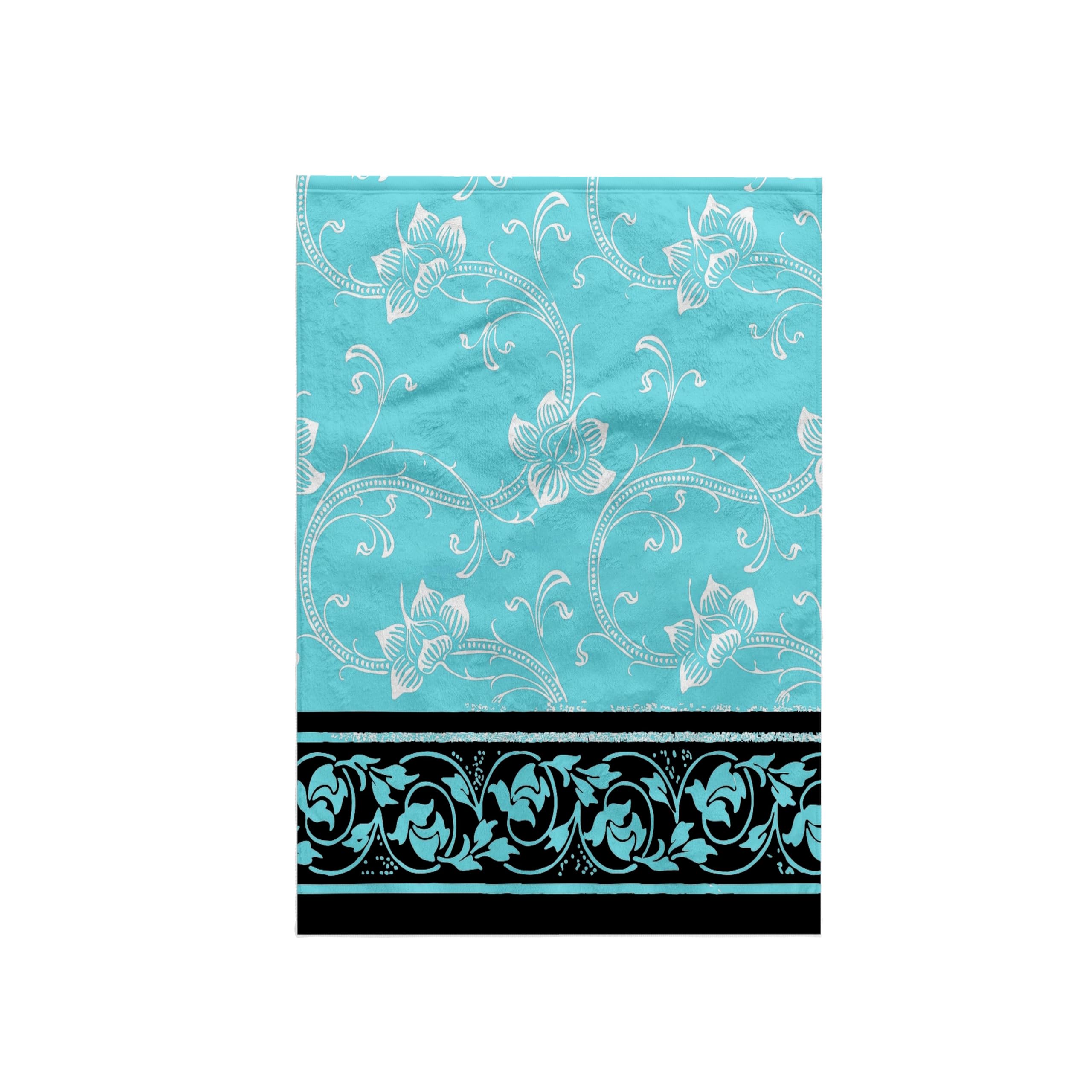 3dRose "Pretty Turquoise Floral Design with Contrasting Black Panel Towel, White, 15 x 22-Inch