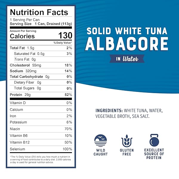 BUMBLE BEE SOLID WHITE ALBACORE TUNA IN WATER, 5 OZ CAN (PACK OF 8) – WILD CAUGHT TUNA – 29G PROTEIN PER SERVING, HIGH IN OMEGA-3S – NON-GMO PROJECT VERIFIED, GLUTEN FREE, KOSHER