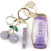 Rayslesan Sparkly Key Fob Cover with Cherry Keychain, Bling TPU Smart Key Case for Women, Compatible with Ford Fusion (Mondeo) Mustang F150 Edge Explorer,Lincoln MKZ MKC MKX (5-Button, Gold Purple)