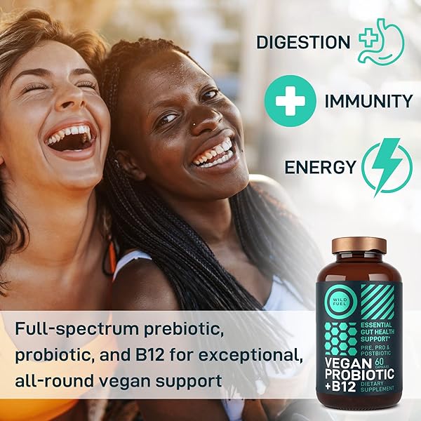 VEGAN PROBIOTIC PLUS B12-22 BILLION CFU SYNBIOTICS PREBIOTICS AND PROBIOTICS FOR DIGESTIVE HEALTH, IBS, MOOD SUPPORT – B12 WITH FOS PRE PRO POST BIOTICS FOR WOMEN & MEN – 60 GLUTEN-FREE CAPSULES