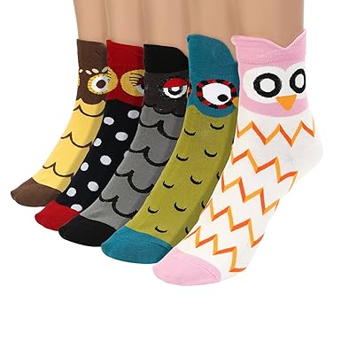 UTOVME Damen Maedchen Stricken Socken Baumwolle Cartoon Eule Muster Punkte Socken 5 Paare Mehrfarbig 6159