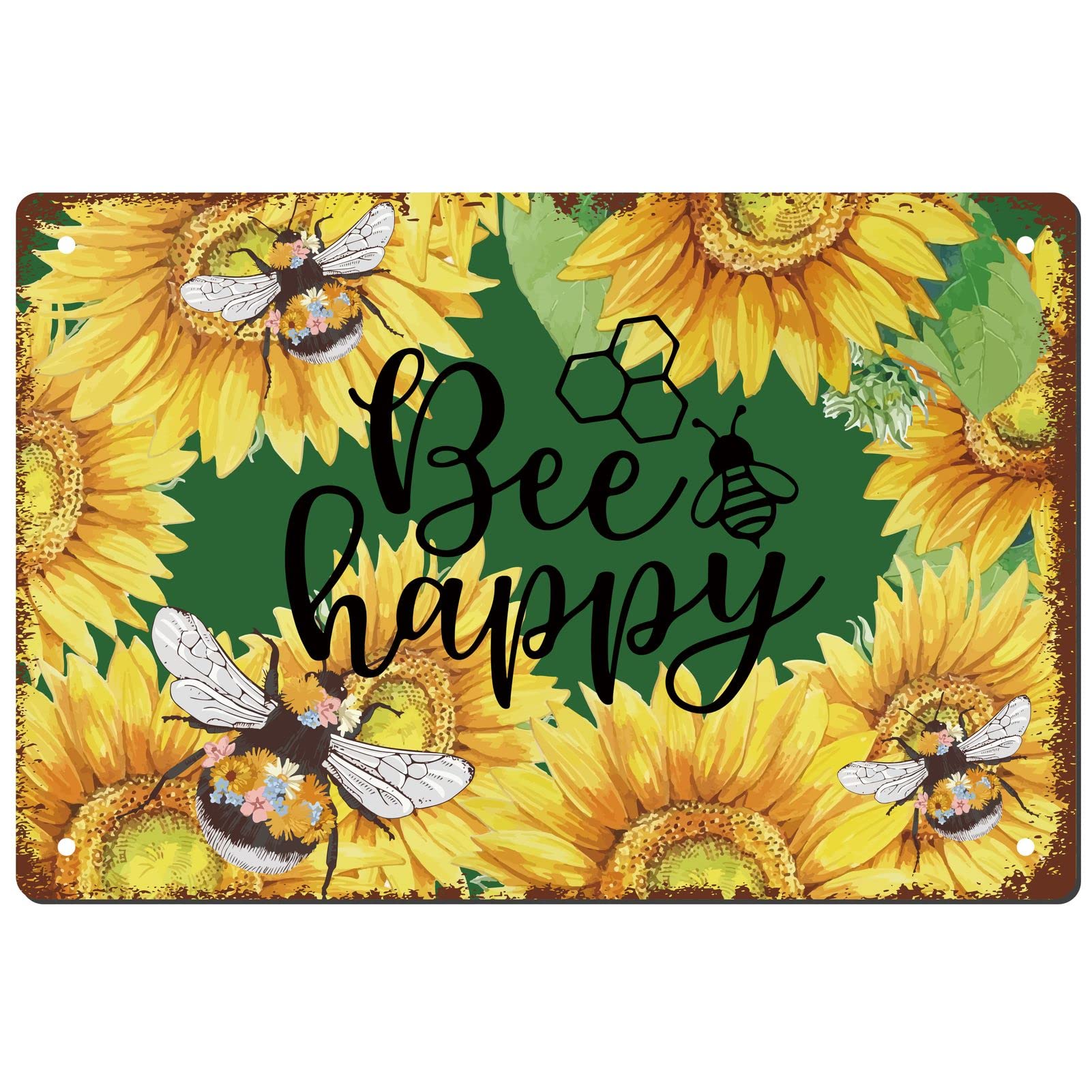 CREATCABIN Bee Happy Retro Metal Tin Sign Vintage Rustic Wall Art Decor House Plaque Poster for Home Farm Garden Kitchen Coffee Office Garage Decoration 12 x 8 Inch — image 1