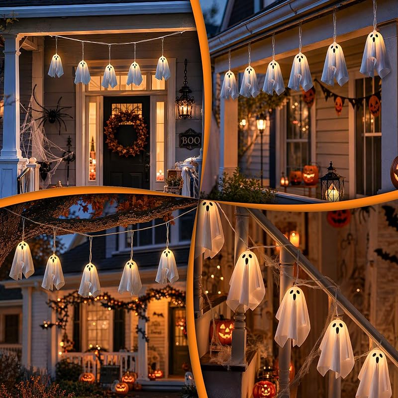 Fantôme à Suspendre Halloween, 2.75M Guirlande Lumineuse Fantôme Décoration Halloween à 8 Modes, avec Télécommande et Minuteur, Deco d'halloween à Suspendre Extèrieur à Piles pour Fête, Patio — photo 6 sur 8