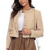 M.Infisavo Tweed Blazer Jackets for Womens with Pockets, Cropped Long Sleeve Open Front Collarless Elegant Casual Cardigan
