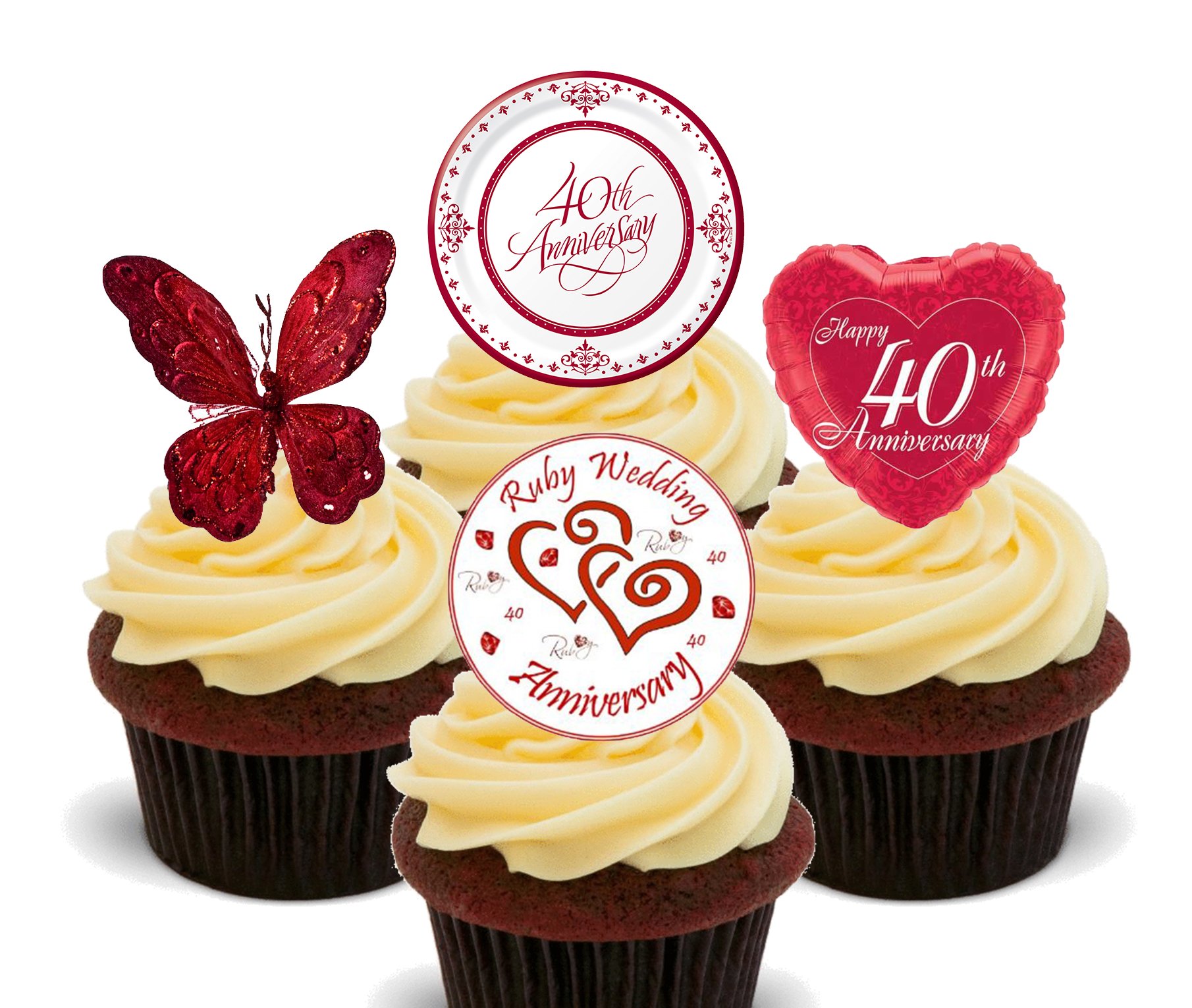 Ruby Wedding 40th Anniversary Edible Cupcake Toppers - Stand-up Wafer Cake Decorations (Pack of 24)