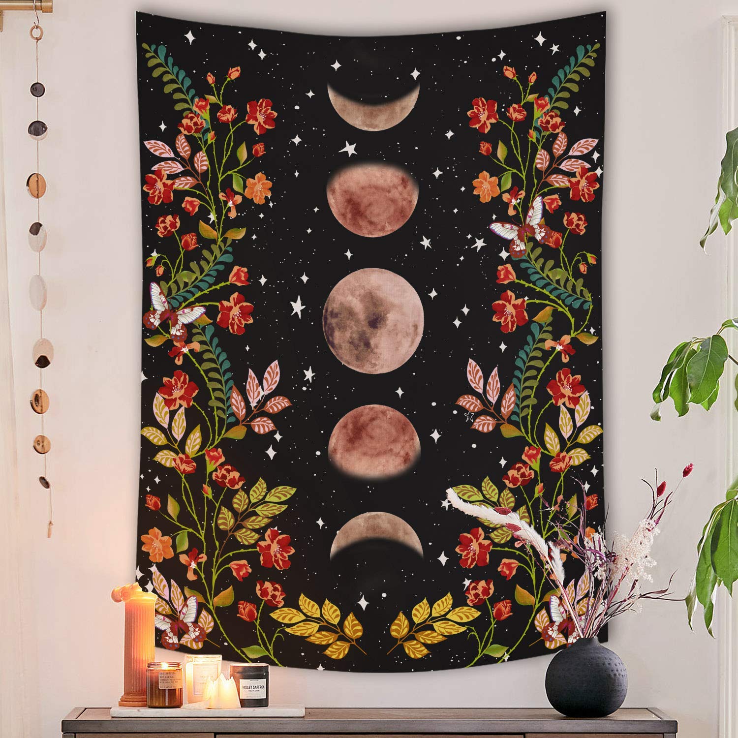 YISUMEI Moon Floral Tapestry Vines and Flowers Tapestry for Bedroom Aesthetic Black Tapestries Wall Hanging for Room Decor(M/130x150cm/51x60inch)