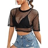 Floerns Women's Y2k Mesh Short Sleeve T Shirts See Through Club Going Out Crop Tops Without Bra