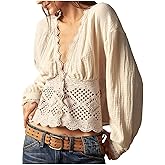 SHENHE Women's Deep V Neck Button Up Crochet Patchwork Long Sleeve Vintage Crop Blouse Top