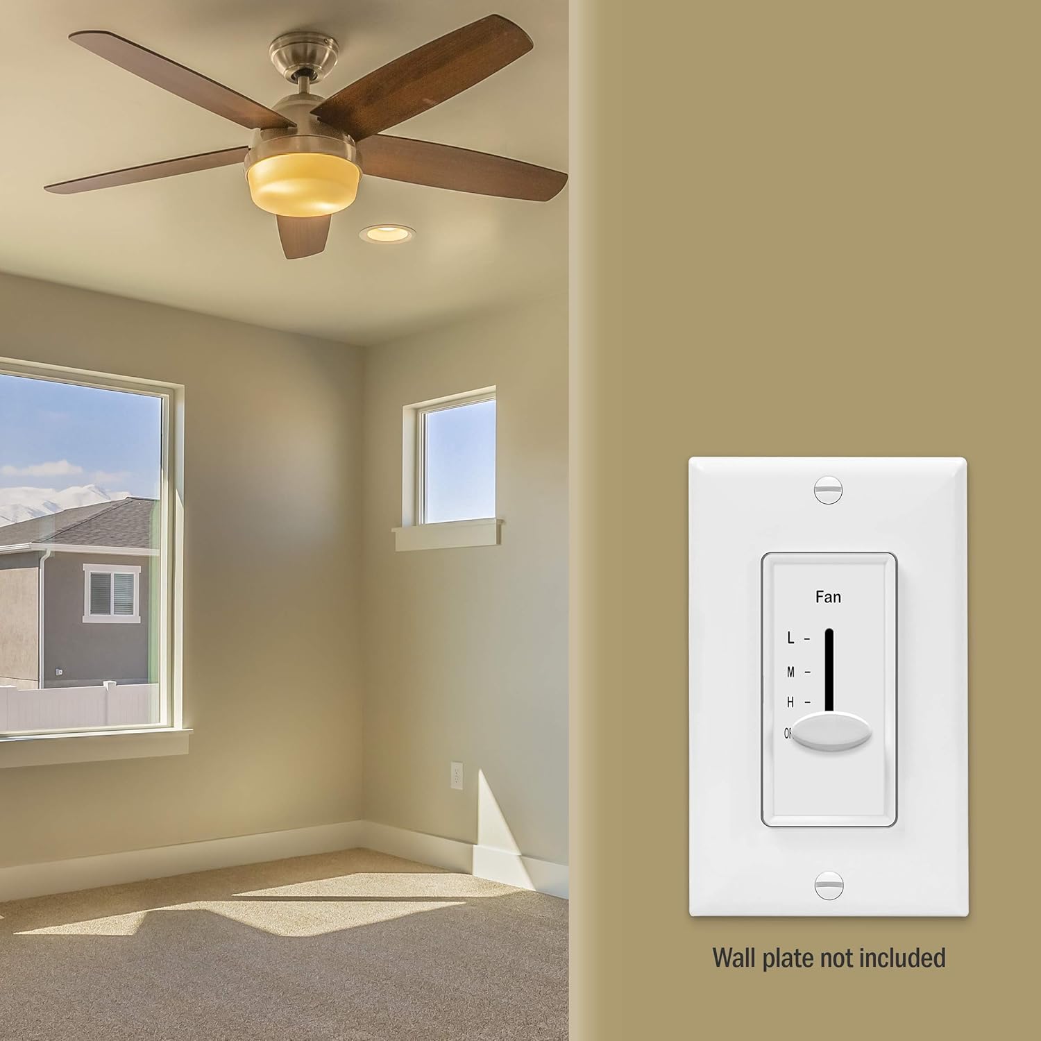 ENERLITES 3 Speed In Wall Ceiling Fan Control, Slide switch, 120VAC, 2.5A, Single-Pole, Neutral Wire Required, 17000-F3-W-F, White - - 