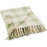 DII Modern Farmhouse Plaid Collection Cotton Fringe Throw Blanket, 50x60, White/Antique Green