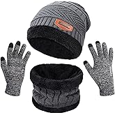 MAYLISACC Winter Knit Beanie Hat Neck Warmer Scarf and Touch Screen Gloves Set 3 Pcs Fleece Lined Skull Cap for Men Women