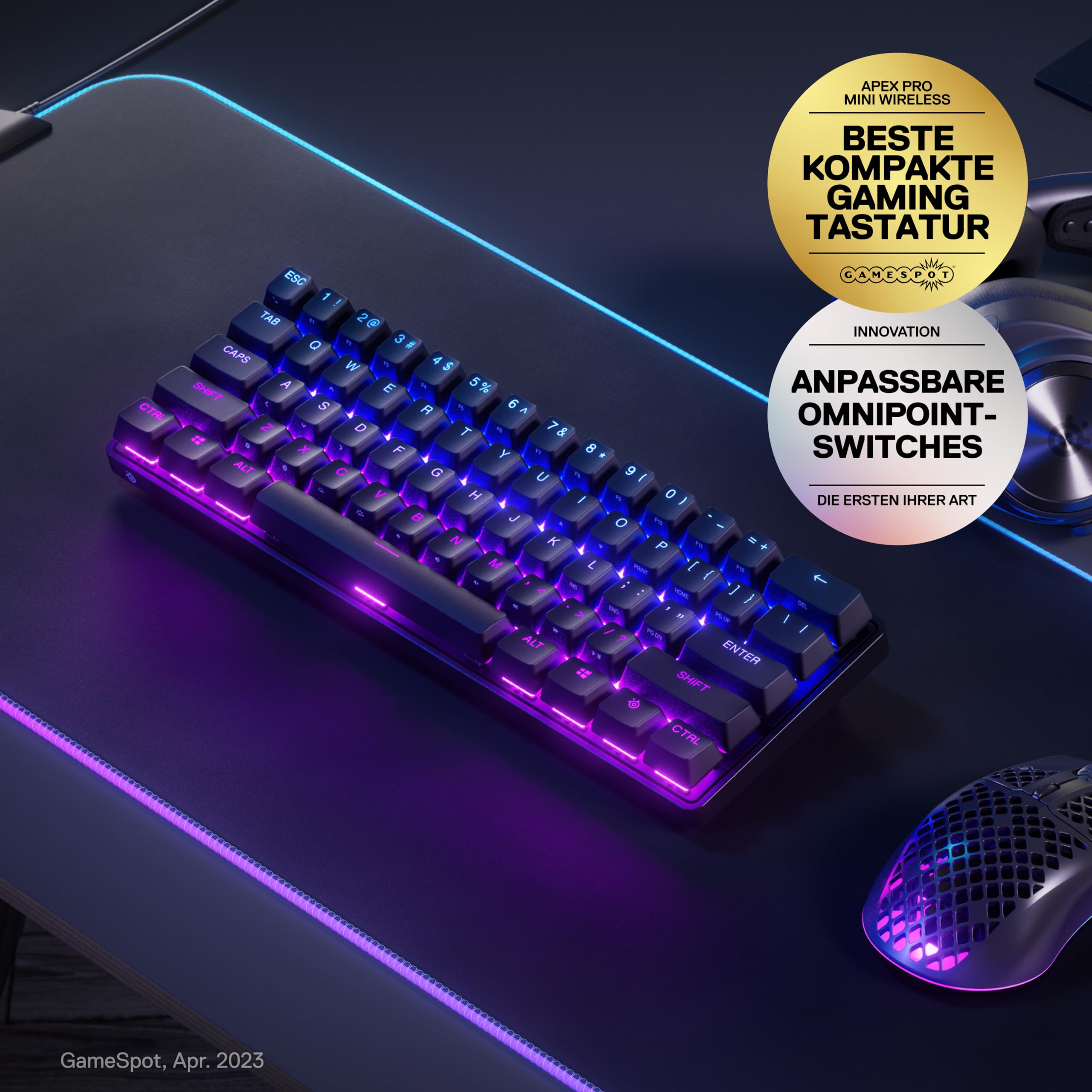 SteelSeries Apex Pro Mini Wireless HyperMagnetic Gaming-Tastatur – Die weltweit schnellste Tastatur – 60%-Formfaktor – RGB – PBT-Keycaps – Bluetooth – 2,4 GHz – USB-C – Deutsches Tastatur QWERTZ 3