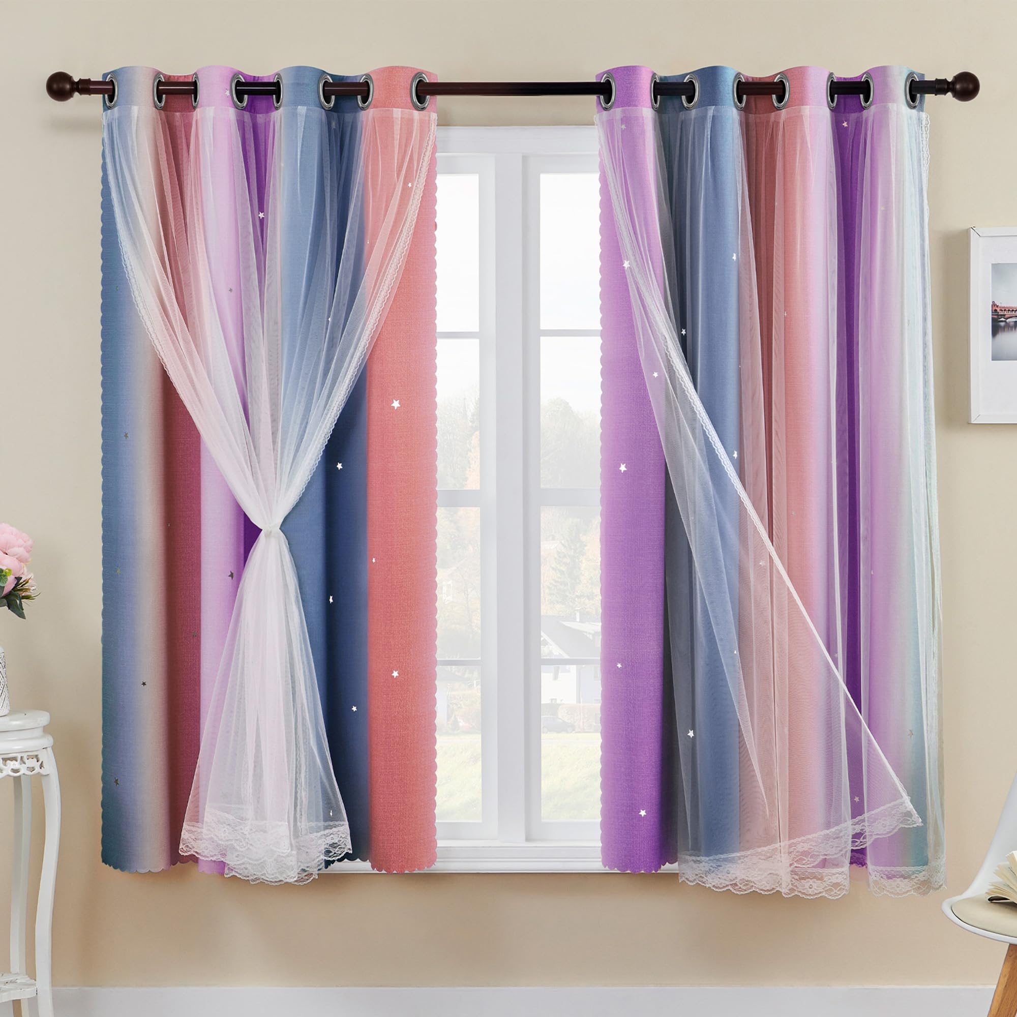 XiDi Bedroom Curtains with Net 54 Drop Hollow Out Star Pattern Mix White Voile Sheer Short Eyelet Curtains for Kids Preteen Bedroom 52 Inch Wide, Grey Pink Purple 2 Panels