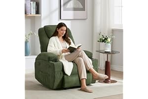 OUTGOODS Ultra-Comfortable Corduroy Recliner (135° Forward & Backward Adjustment) – Adult Adjustable Electric Massage Heated Chair with Dual Cup Holders, Double-Side Storage Pockets & Tool-Free Assembly（Green）