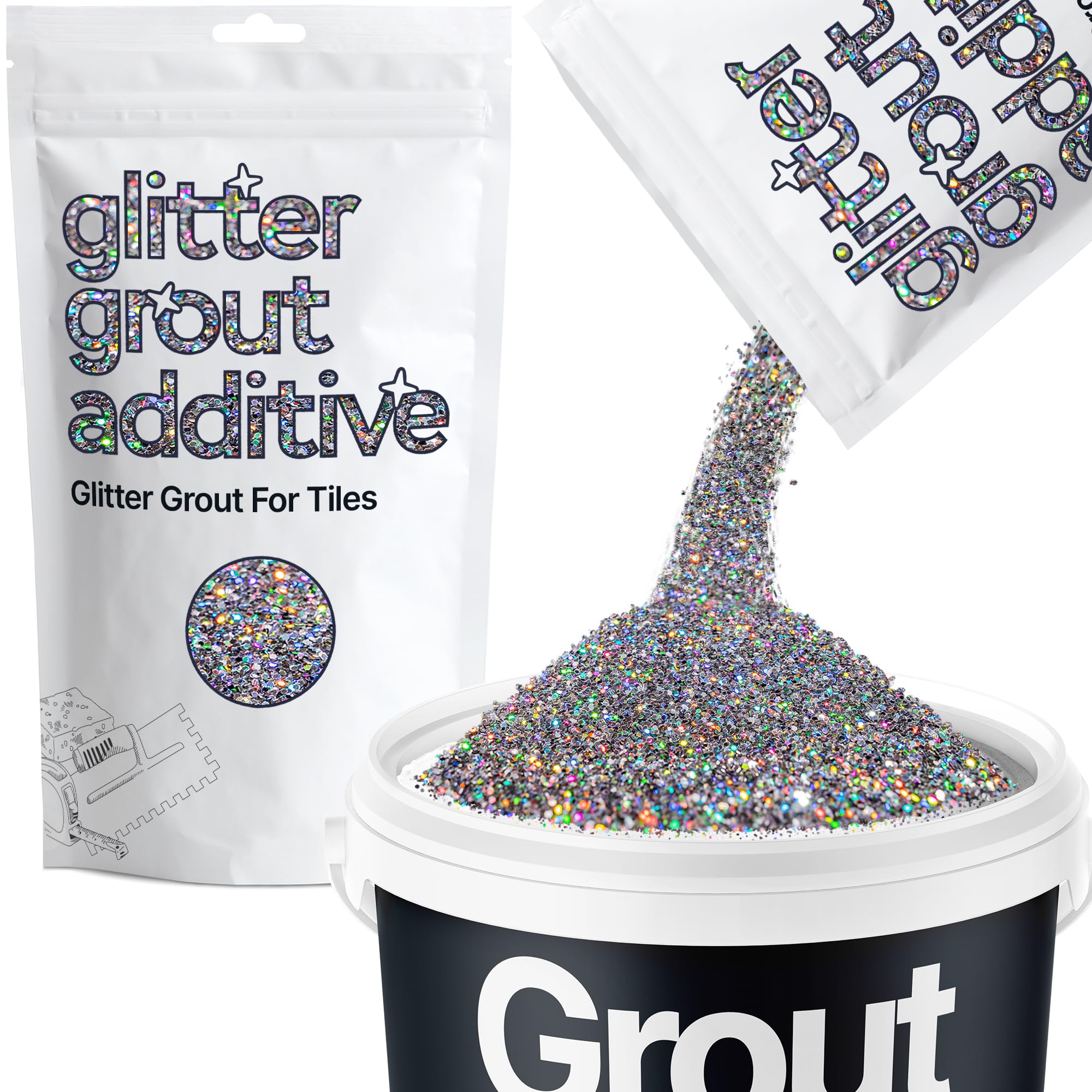 Hemway Gun Metal Grey Holographic Glitter Grout Additive 100g Metallic Flakes for Adding Sparkle to Kitchen & Bathroom Tiles | Enhance Your Indoor Grouting Projects with a Durable Sparkly Effect