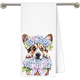 gsgfdshf Coquette Bow Hydrangea Corgi Kitchen Towels 16x24 in, Corgi Lovers Gifts, Hydrangea Flower Basket Dog Decorative Hand Tea Dish Towels for Bathroom Kitchen