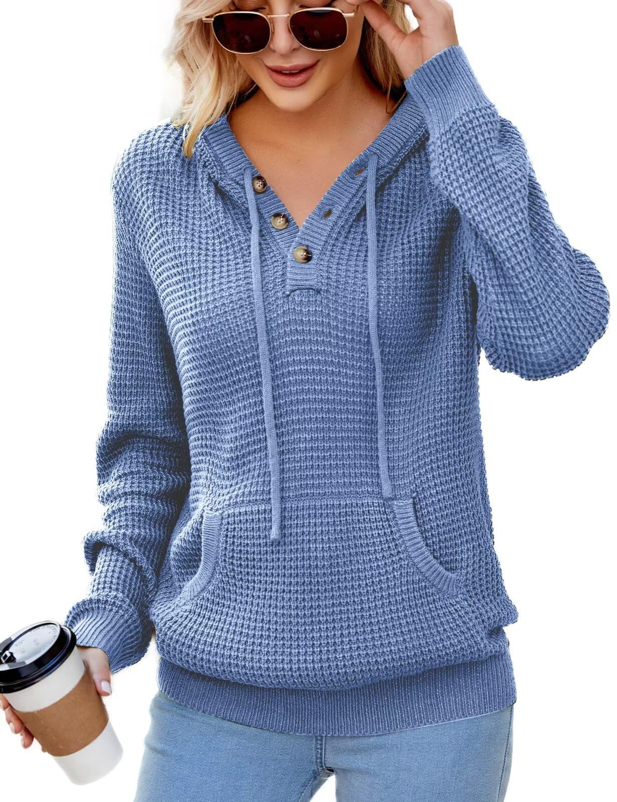 Photo 1 of ***MINOR DAMAGE*** CiCiBird Women Fall Hoodies Sweater Knit V Neck Tops Oversized Fashion Pullover Casual Long Sleeve Shirts with Pockets Blue S